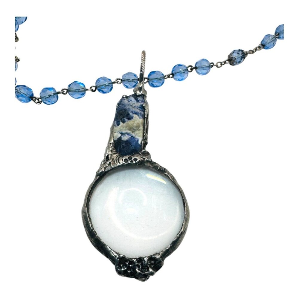 Natural Blue Opal & Magnifying Glass Silver Blend  Glass Beaded Artisan Necklace - Picture 7 of 12
